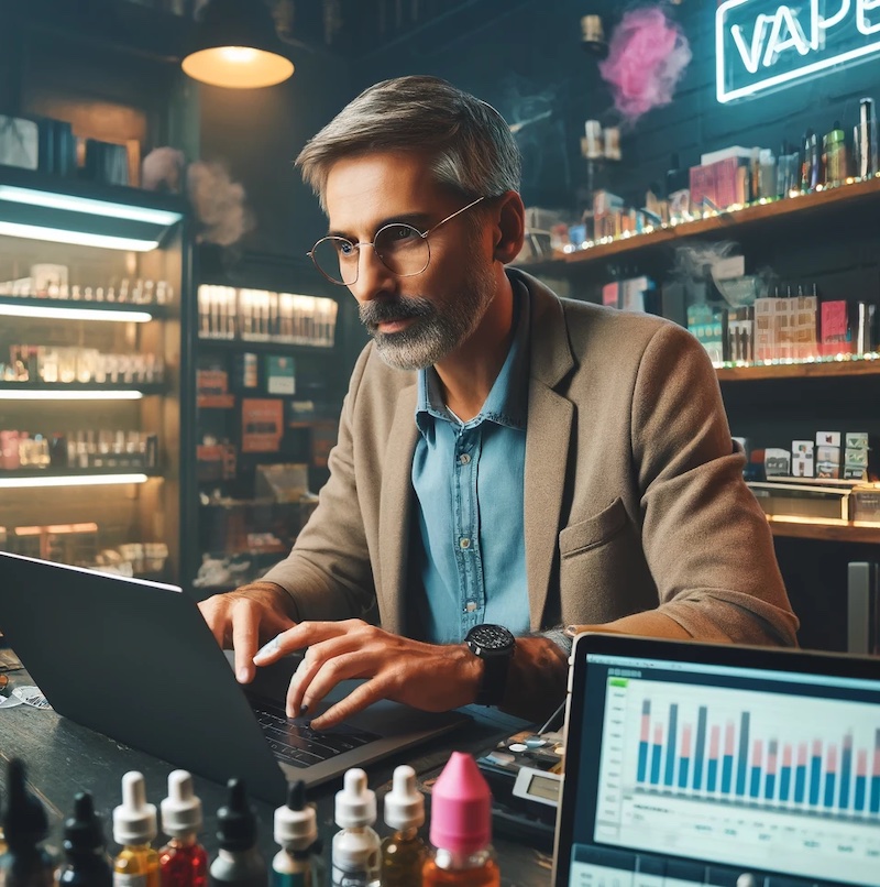 A vape shop owner uses his computer to source new inventory online.